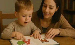 Mama uczy synka, jak zacząć uczyć dziecko czytać, wskazując paluszkiem na literkę A i obrazek jabłka w książce.