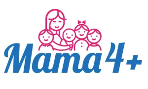 Logo "Mama 4+" z uśmiechniętą mamą i czwórką dzieci. Symbolizuje emeryturę dla matek 4 dzieci, które pracowały.