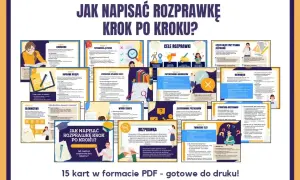 Zbiór 15 kart PDF "Jak napisać rozprawkę krok po kroku?". Pomoc w pisaniu rozprawki maturalnej, od wyboru tematu po tworzenie tezy i argumentów.