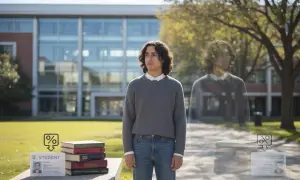 Młody mężczyzna z legitymacją studencką i stosem książek. Jego status ucznia jest podkreślony przez symbole.