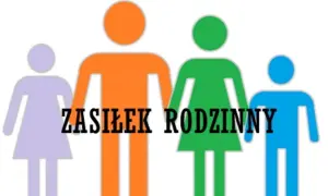 Kolorowe sylwetki rodziny z napisem "Zasiłek rodzinny" symbolizują wsparcie dla rodziców.