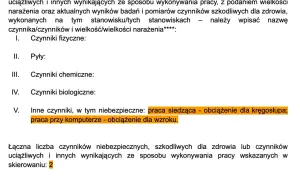 Formularz skierowania na badania lekarskie, wymieniający czynniki szkodliwe w pracy, np. praca przy komputerze.