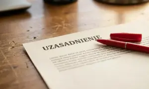 Czerwony długopis leży obok dokumentu z nagłówkiem "UZASADNIENIE", sugerując przygotowanie do wypowiedzenia umowy o pracę.