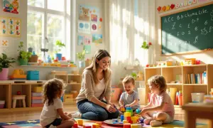 Uśmiechnięta przedszkolanka bawi się klockami z dziećmi. Choć nie wiemy, ile zarabia przedszkolanka, widać, że praca daje jej radość.