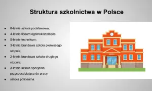 Struktura oświaty w Polsce: szkoły podstawowe, licea, technika, szkoły branżowe i specjalne.