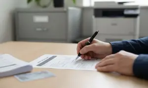 Osoba wypełnia wniosek o wydanie duplikatu świadectwa szkolnego. Na biurku leży też stos dokumentów i dowód osobisty.