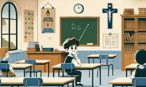 Klasa z krzyżem na ścianie. Dzieci siedzą w ławkach, ucząc się. To lekcja religii w szkole.