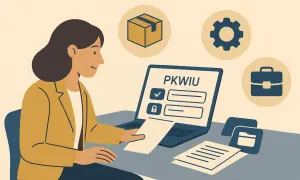 Kobieta pracuje przy laptopie z napisem PKWIU. Ikony symbolizują różne aspekty pracy, np. kod zawodu.
