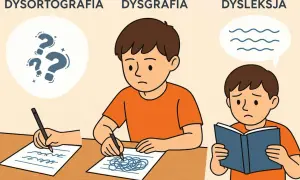 Ilustracja pokazuje, na czym polega dysortografia: trudności z pisownią, w przeciwieństwie do dysgrafii (nieczytelne pismo) i dysleksji (problemy z czytaniem).