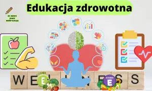Edukacja zdrowotna program nauczania: ilustracja promuje zdrowy styl życia, ćwiczenia, dietę i dobre samopoczucie.