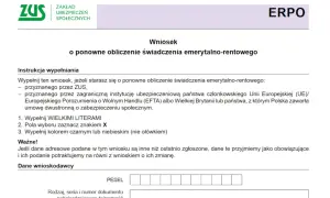 Wniosek do ZUS o ponowne obliczenie świadczenia emerytalno-rentowego. Formularz zawiera instrukcje wypełniania i sekcję "Dane wnioskodawcy" z polem na PESEL.