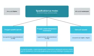 Schemat przedstawia decyzje spadkobiercy: przyjąć spadek wprost, przyjąć z dobrodziejstwem inwentarza lub odrzucić spadek.