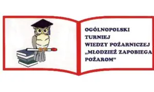 Sowa w czapce absolwenta trzyma znicz, siedząc na stosie książek. Logo Ogólnopolskiego Turnieju Wiedzy Pożarniczej "Młodzież Zapobiega Pożarom".