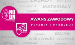 Grafika promuje awans zawodowy nauczycieli. Widoczne hasła: egzamin, szkolenia, pytania, odpowiedzi, materiały, zasady, rozmowa, wskazówki.