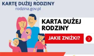 Ilustracja przedstawia rodzinę z dziećmi. Obok widnieje napis "Karta dużej rodziny", zachęcający do sprawdzenia dostępnych zniżek.