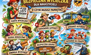 Ilustracja przedstawia bezpieczną wycieczkę zagraniczną do kuratorium. Plan wycieczki, zgoda rodziców, kierownik gotowy, sprawdzony autobus, ratownik na straży, bezpieczna grupa i rozliczenie.