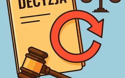 Symbolika prawa: młotek sędziowski, waga sprawiedliwości i dokument "DECYZJA" z symbolem odnowienia, nawiązujące do art. 155 kpa.