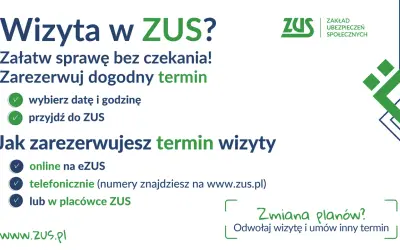 Zarezerwuj wizytę w ZUS bez czekania. Wybierz dogodny termin online, telefonicznie lub w placówce. Zmiana planów? Odwołaj wizytę i umów inny termin. www.zus.pl