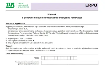Wniosek do ZUS o ponowne obliczenie świadczenia emerytalno-rentowego. Formularz zawiera instrukcje wypełniania i sekcję "Dane wnioskodawcy" z polem na PESEL.