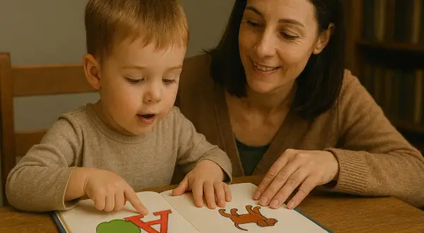 Mama uczy synka, jak zacząć uczyć dziecko czytać, wskazując paluszkiem na literkę A i obrazek jabłka w książce.