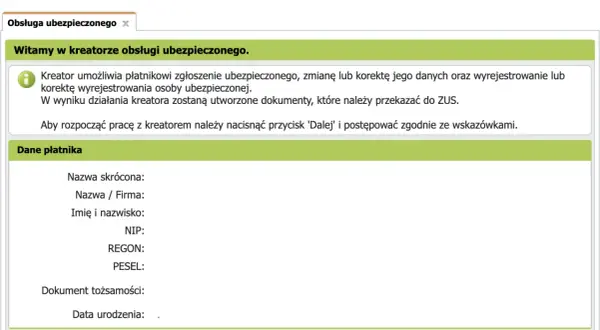 Kreator obsługi ubezpieczonego w programie Płatnik. Dane płatnika do ZUS.