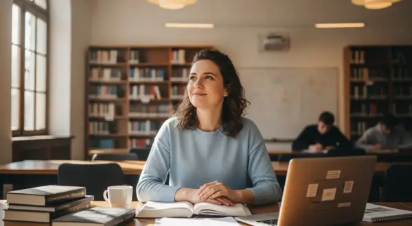 Studentka z uśmiechem na twarzy, otoczona książkami i laptopem, marzy o przyszłości po zdobyciu przygotowania pedagogicznego.