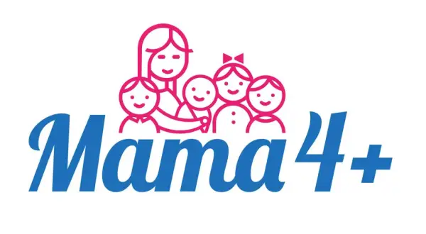 Logo "Mama 4+" z uśmiechniętą mamą i czwórką dzieci. Symbolizuje emeryturę dla matek 4 dzieci, które pracowały.