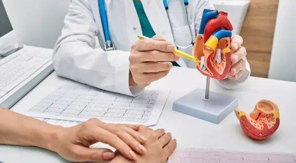 Lekarz omawia z pacjentem model serca i EKG, wyjaśniając ścieżkę rehabilitacyjną.