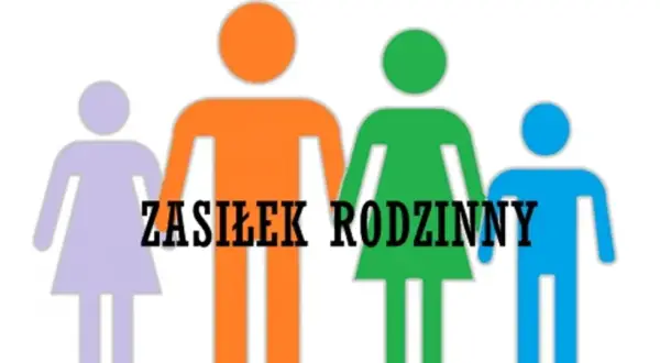 Kolorowe sylwetki rodziny z napisem "Zasiłek rodzinny" symbolizują wsparcie dla rodziców.