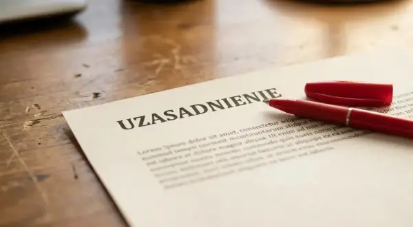 Czerwony długopis leży obok dokumentu z nagłówkiem "UZASADNIENIE", sugerując przygotowanie do wypowiedzenia umowy o pracę.