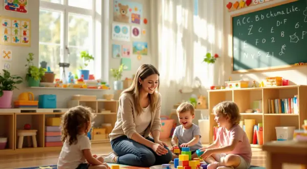 Uśmiechnięta przedszkolanka bawi się klockami z dziećmi. Choć nie wiemy, ile zarabia przedszkolanka, widać, że praca daje jej radość.