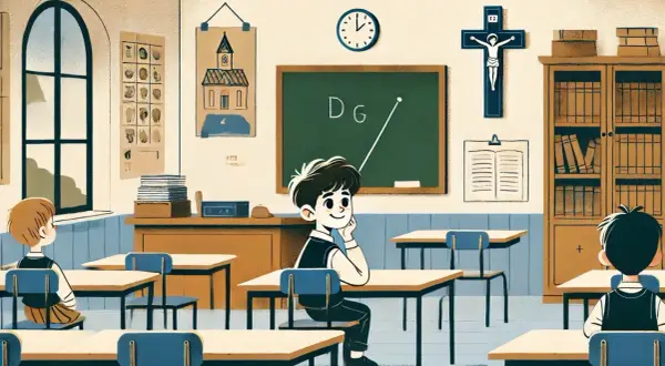 Klasa z krzyżem na ścianie. Dzieci siedzą w ławkach, ucząc się. To lekcja religii w szkole.