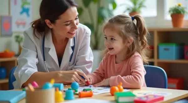 Uśmiechnięta terapeutka wspiera dziecko podczas zajęć. Terapia pedagogiczna rozwija umiejętności malucha.