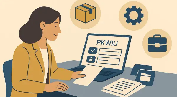 Kobieta pracuje przy laptopie z napisem PKWIU. Ikony symbolizują różne aspekty pracy, np. kod zawodu.