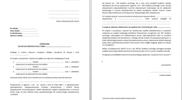 Formularz odwołania od decyzji ubezpieczyciela w sprawie szkody. Wzywam do zapłaty odszkodowania i zadośćuczynienia.