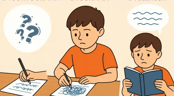 Ilustracja pokazuje, na czym polega dysortografia: trudności z pisownią, w przeciwieństwie do dysgrafii (nieczytelne pismo) i dysleksji (problemy z czytaniem).