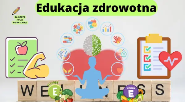 Edukacja zdrowotna program nauczania: ilustracja promuje zdrowy styl życia, ćwiczenia, dietę i dobre samopoczucie.