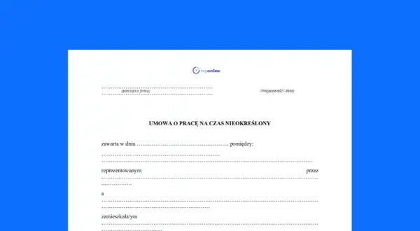 Formularz umowy o pracę na czas nieokreślony, gotowy do wypełnienia.
