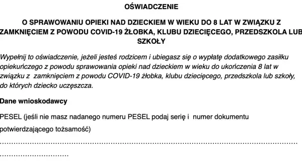 Oświadczenie o sprawowaniu opieki nad dzieckiem do 8 lat z powodu COVID-19. Wypełnij, jeśli ubiegasz się o zasiłek opiekuńczy, ile wynosi dowiesz się z dalszych informacji.