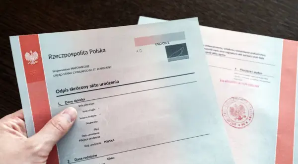 Fragment polskiego aktu urodzenia z pieczęcią urzędową.