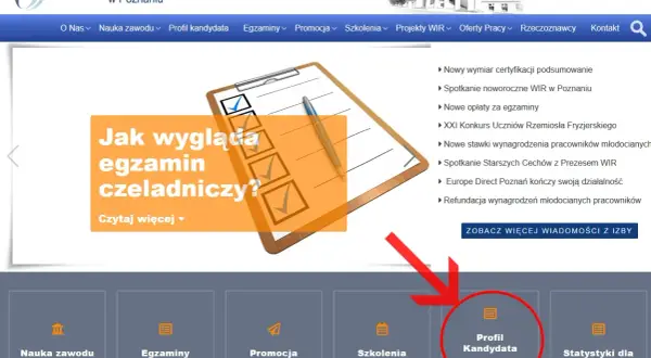 Na stronie głównej Wielkopolskiej Izby Rzemieślniczej widnieje baner z pytaniem "Jak wygląda egzamin czeladniczy?". Podkreślono sekcję "Profil Kandydata".