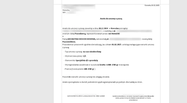 Aneks do umowy o pracę z dnia 01.02.2025 r. dla Pani Katarzyny Wojciechowskiej, ustalający warunki zatrudnienia na stanowisku specjalisty d/s sprzedaży.