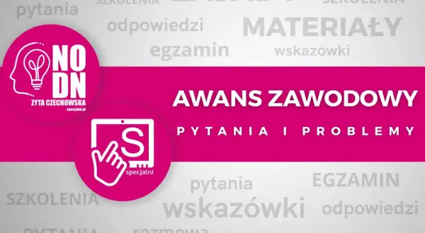 Grafika promuje awans zawodowy nauczycieli. Widoczne hasła: egzamin, szkolenia, pytania, odpowiedzi, materiały, zasady, rozmowa, wskazówki.