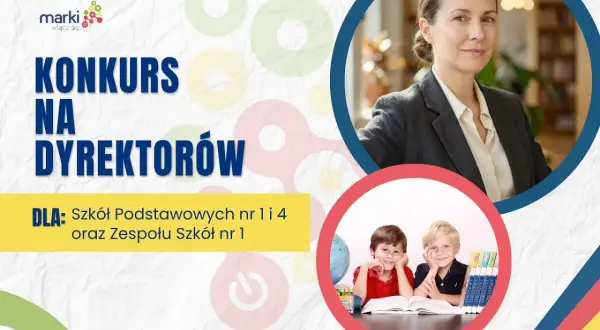 Konkurs na dyrektorów szkół podstawowych i zespołu szkół. Uśmiechnięci uczniowie i poważna dyrektorka.
