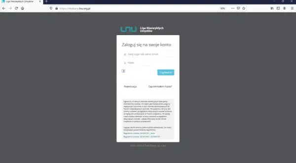 Strona logowania do serwisu edukacyjnego Liga Niezwykłych Umysłów. Wpisz login i hasło, by rozpocząć naukę.