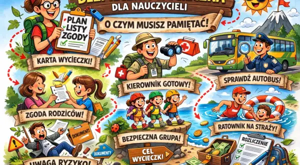 Ilustracja przedstawia bezpieczną wycieczkę zagraniczną do kuratorium. Plan wycieczki, zgoda rodziców, kierownik gotowy, sprawdzony autobus, ratownik na straży, bezpieczna grupa i rozliczenie.