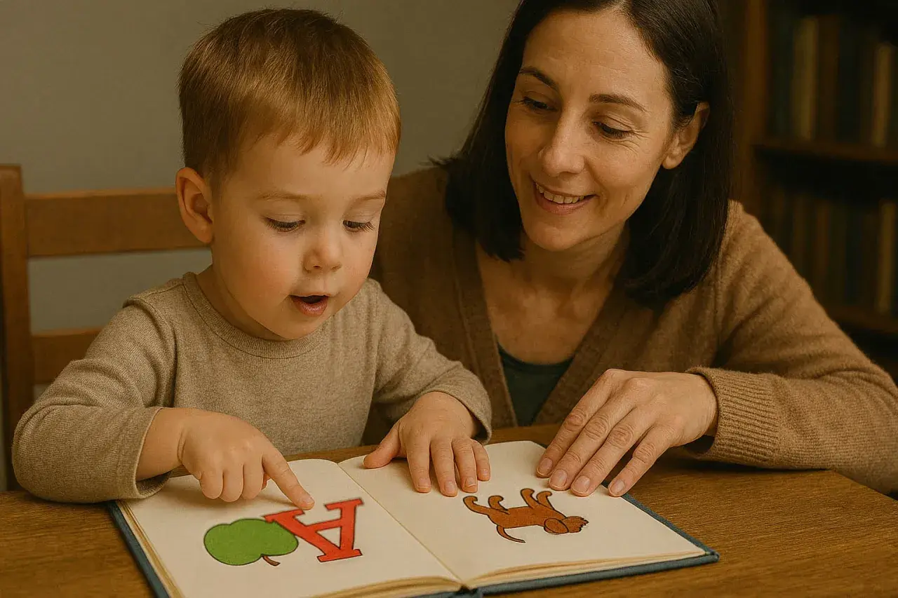 Mama uczy synka, jak zacząć uczyć dziecko czytać, wskazując paluszkiem na literkę A i obrazek jabłka w książce.