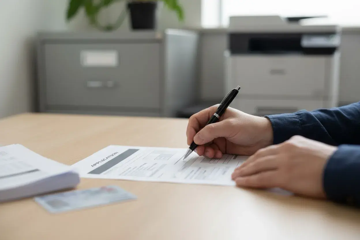 Osoba wypełnia wniosek o wydanie duplikatu świadectwa szkolnego. Na biurku leży też stos dokumentów i dowód osobisty.
