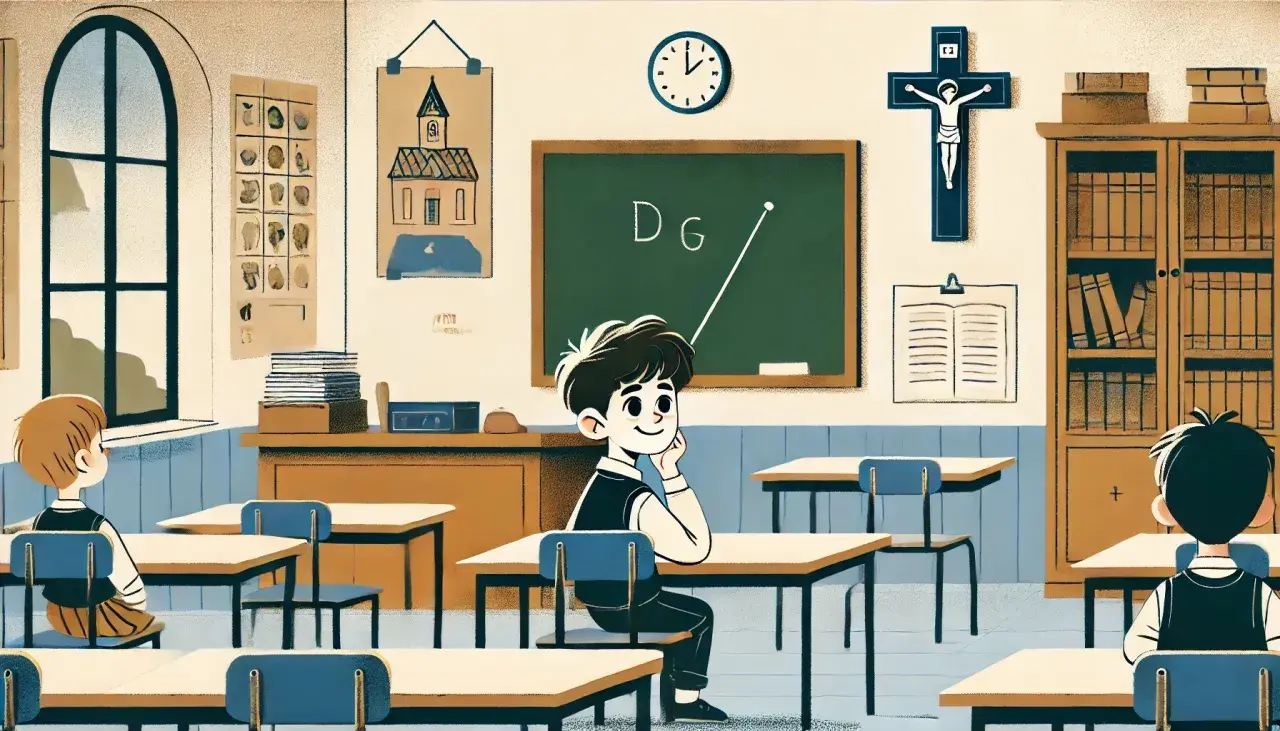 Klasa z krzyżem na ścianie. Dzieci siedzą w ławkach, ucząc się. To lekcja religii w szkole.