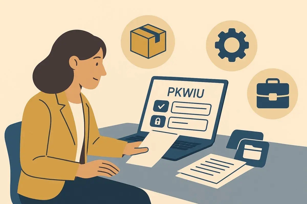 Kobieta pracuje przy laptopie z napisem PKWIU. Ikony symbolizują różne aspekty pracy, np. kod zawodu.